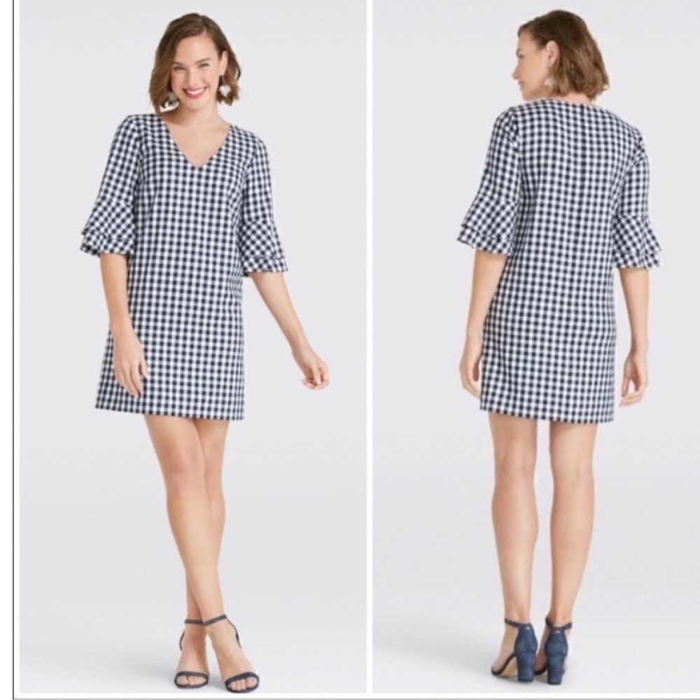 Draper James Gingham Bell Sleeve Mini Dress Navy White Size 4 Preppy 
Coastal
